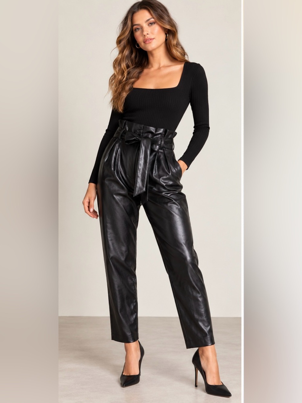 Badgley Mischka Black Faux Leather Paperbag Tie Waist Pants Size 6